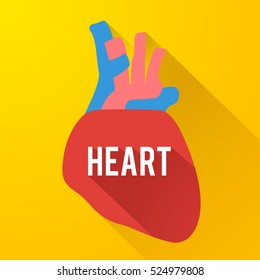 Abstract medication template with heart and long shadow in flat style on yellow background isolated vector illustration