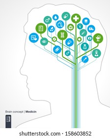 Abstract medicine background. Brain concept with silhouette of a human head and icons (medical, health, healthcare, nurse, tooth, thermometer, doctor, pill, cross). Vector infographic illustration.