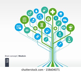 Abstract Medicine Background. Brain Concept With Medical, Health, Healthcare, Nurse, Tooth, Thermometer, Doctor, Pills And Cross Icon. Vector Infographic Illustration.