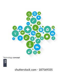 Abstract Medicine Background With Cross, Circles And Flat Icons. Concept Contains Medical, Health, Healthcare, Nurse, Tooth, Thermometer, Pills And Cross Pictograms. Vector Illustration. 