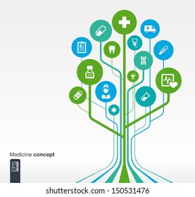 Abstract medicine background with lines, circles and icons. Growth tree concept with medical, health, healthcare, nurse, tooth, thermometer, pills and cross icon. Vector illustration.