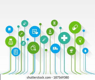 Abstract medicine background with lines, circles and flat icons. Growth concept contains medical, health, healthcare, nurse, tooth, thermometer, pills and cross icons. Vector illustration.