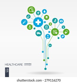 Abstract medicine background with lines, connected circles, integrated flat icons. Growth flower concept with medical, health, care, thermometer and cross icon. Vector interactive illustration.