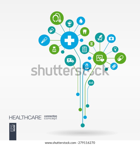線と抽象的な医学の背景 接続された円 統合された平らなアイコン 医療 健康 ケア 温度計 十字架のアイコン を持つ成長花のコンセプト ベクター画像インタラクティブイラスト のベクター画像素材 ロイヤリティフリー