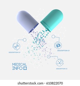 Abstract medicine infographic concept with medical opened capsule pill three options and icons isolated vector illustration