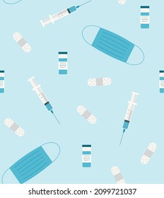 Abstract medicine seamless vector pattern with syringe, face mask, plaster and vaccine on light blue background.