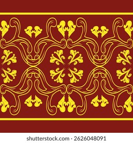 Abstract Medieval Motif with Golden Scroll Ornament Florals Filigree Hand Drawn Frame Decoration. Elegance Rich Pattern with Royal Delicate Scent Pattern for Border Striped Fashion Apparel Embroidery