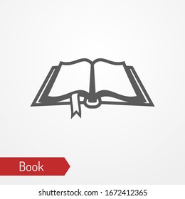 Abstraktes Mittelalter öffnete Buch mit Lesezeichen. Altes Tomate einzeln auf Silhouette-Art. Typisches uraltes oder fantastisches Gesetz oder Zauberbuch. Stockbild der Vektorillustration.