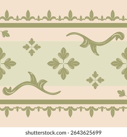 Ornamento de Rolagem Medieval Abstract com Tons Verdes Celadon Padrão de Borda Sem Costura. Neo Classic Fleur de lis fluindo Quatro Folhas Trevo. Elaborar Botânica Moderna Delicado Elaborar Laço Listrado Vestuário