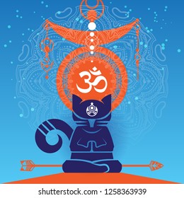 Abstract meditating cat in a yoga lotos pose wit a big mandala and Omm symbol on the background. Buddhism style vector illustration.