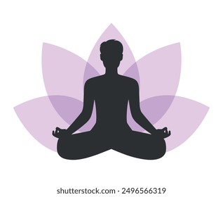 Abstract meditating man silhouette on lotus flower background. Male sitting in lotus position. Vector illustration