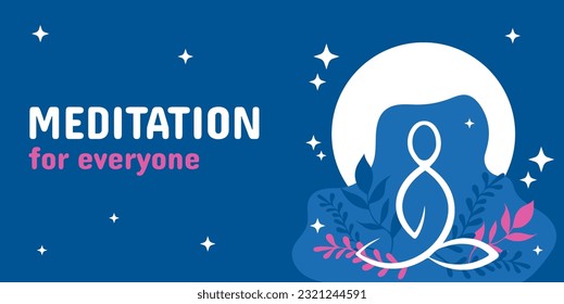 Abstract meditation illustration with leaves, sun and text Meditation for everyone