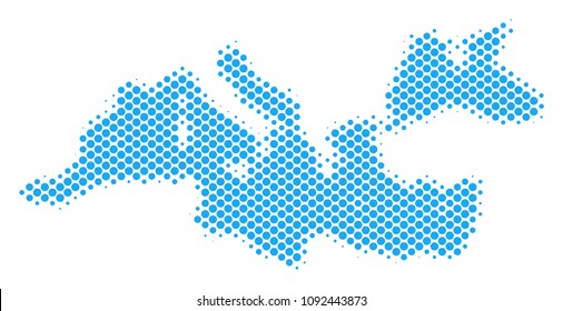 Abstract Mediterranean Sea map. Vector halftone territorial scheme. Cartographic pixelated composition. Schematic Mediterranean Sea map is designed with regular round item matrix.