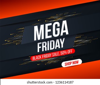 Abstrakter Mega-Freitag-Banner mit Gold-Halbton-Glitter-Effekt für spezielle Angebote, Verkäufe und Rabatte. Promotion and shopping Template für Black Friday 50% Rabatt