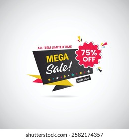 Abstract Mega Sale 75% Off All Item Limited Time Shop Now Banner Design. sale banner , big sale, Discount Promotion marketing poster design for web and Social banner Vector illustration.