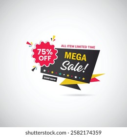 Abstract Mega Sale 75% Off All Item Limited Time Shop Now Banner Design. sale banner , big sale, Discount Promotion marketing poster design for web and Social banner Vector illustration.