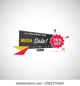 Abstract Mega Sale 75% Off All Item Limited Time Shop Now Banner Design. sale banner , big sale, Discount Promotion marketing poster design for web and Social banner Vector illustration.