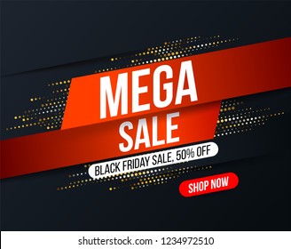 Abstract Mega sale banner with gold halftone glitter effect for special offers, sales and discounts. Promotion and shopping template for Black Friday 50% off