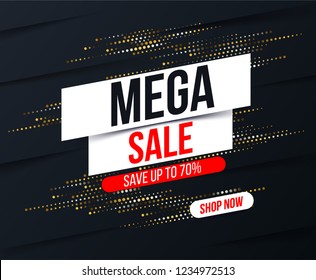 Abstract Mega sale banner with gold halftone glitter effect for special offers, sales and discounts. Promotion and shopping template for Black Friday 70% off