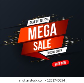 Abstract Mega sale banner with gold halftone glitter effect for special offers, sales and discounts. Promotion and shopping template for Black Friday 70% off