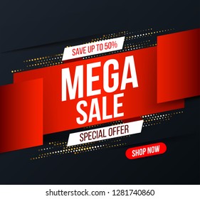 Abstract Mega sale banner with gold halftone glitter effect for special offers, sales and discounts. Promotion and shopping template for Black Friday 50% off