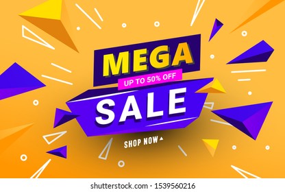 Abstract Mega Sale Banner Template With Polygonal Shapes And Text For Special Offers, Sales And Discounts.