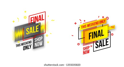 Abstract mega sale flat badges geometric shapes set. Final sale banner isolated on white background. Yellow, red, green and black colors special offer banner set. Shop now web app, poster illustration