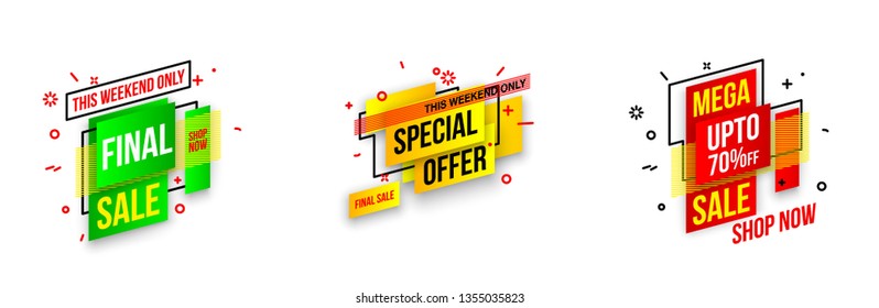 Abstract mega sale flat badges geometric shapes set. Final sale banner isolated on white background. Yellow, red, green and black colors special offer banner set. Shop now web app, poster illustration