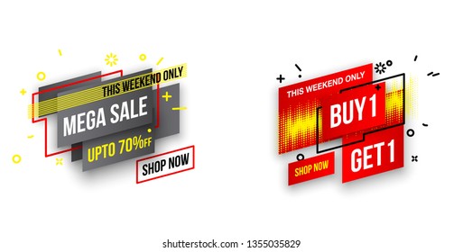 Abstract mega sale flat badges geometric shapes set. Final sale banner isolated on white background. Yellow, red, green and black colors special offer banner set. Shop now web app, poster illustration