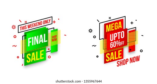 Abstract mega sale flat badges geometric shapes set. Final sale banner isolated on white background. Yellow, red, green and black colors special offer banner set. Shop now web app, poster illustration