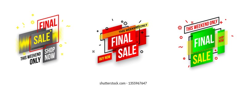 Abstract mega sale flat badges geometric shapes set. Final sale banner isolated on white background. Yellow, red, green and black colors special offer banner set. Shop now web app, poster illustration