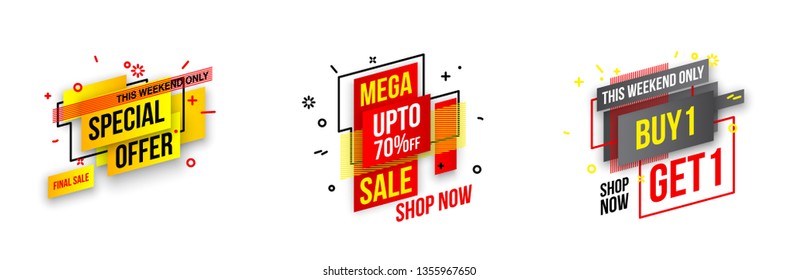 Abstract mega sale flat badges geometric shapes set. Final sale banner isolated on white background. Yellow, red, green and black colors special offer banner set. Shop now web app, poster illustration