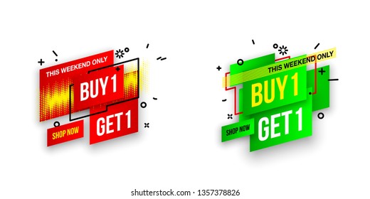 Abstract mega sale flat badges geometric shapes set. Final sale banner isolated on white background. Yellow, red, green and black colors special offer banner set. Shop now web app, poster illustration