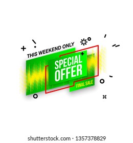 Abstract mega sale flat badges geometric shapes set. Final sale banner isolated on white background. Yellow, red, green and black colors special offer banner set. Shop now web app, poster illustration