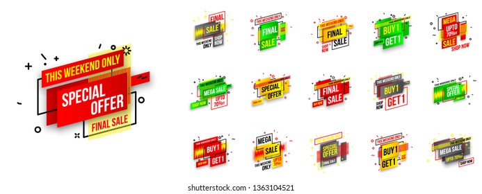 Abstract mega sale flat badges geometric shapes set. Final sale banner isolated on white background. Yellow, red, green and black colors special offer banner set. Shop now web app, poster illustration