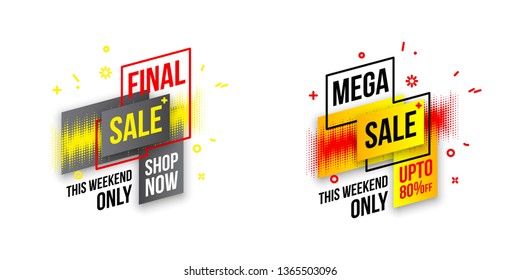 Abstract mega sale flat badges geometric shapes set. Final sale banner isolated on white background. Yellow, red, green and black colors special offer banner set. Shop now web app, poster illustration