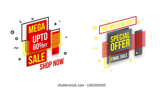 Abstract mega sale flat badges geometric shapes set. Final sale banner isolated on white background. Yellow, red, green and black colors special offer banner set. Shop now web app, poster illustration