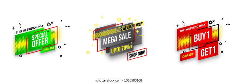 Abstract mega sale flat badges geometric shapes set. Final sale banner isolated on white background. Yellow, red, green and black colors special offer banner set. Shop now web app, poster illustration