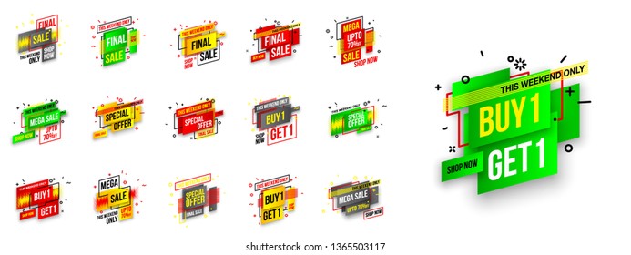 Abstract mega sale flat badges geometric shapes set. Final sale banner isolated on white background. Yellow, red, green and black colors special offer banner set. Shop now web app, poster illustration
