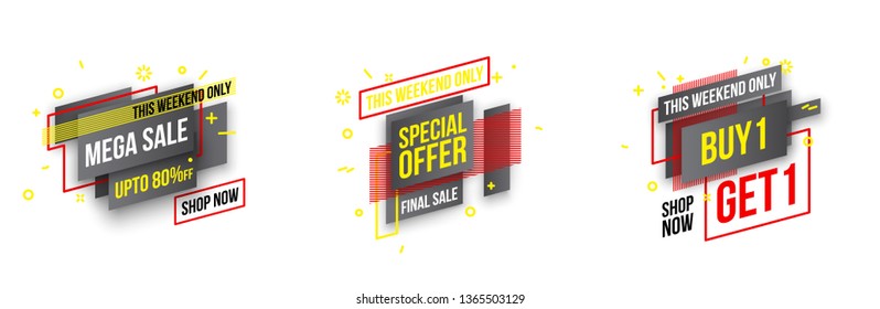 Abstract mega sale flat badges geometric shapes set. Final sale banner isolated on white background. Yellow, red, green and black colors special offer banner set. Shop now web app, poster illustration