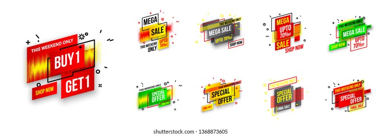 Abstract mega sale flat badges geometric shapes set. Final sale banner isolated on white background. Yellow, red, green and black colors special offer banner set. Shop now web app, poster illustration
