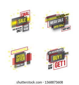 Abstract mega sale flat badges geometric shapes set. Final sale banner isolated on white background. Yellow, red, green and black colors special offer banner set. Shop now web app, poster illustration