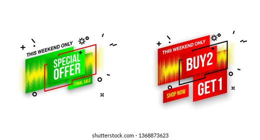 Abstract mega sale flat badges geometric shapes set. Final sale banner isolated on white background. Yellow, red, green and black colors special offer banner set. Shop now web app, poster illustration