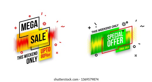 Abstract mega sale flat badges geometric shapes set. Final sale banner isolated on white background. Yellow, red, green and black colors special offer banner set. Shop now web app, poster illustration