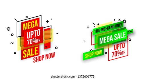 Abstract mega sale flat badges geometric shapes set. Final sale banner isolated on white background. Yellow, red, green and black colors special offer banner set. Shop now web app, poster illustration