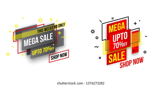 Abstract mega sale flat badges geometric shapes set. Final sale banner isolated on white background. Yellow, red, green and black colors special offer banner set. Shop now web app, poster illustration