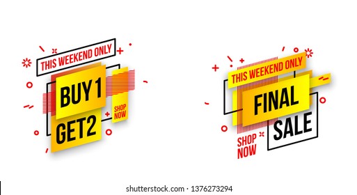 Abstract mega sale flat badges geometric shapes set. Final sale banner isolated on white background. Yellow, red, green and black colors special offer banner set. Shop now web app, poster illustration