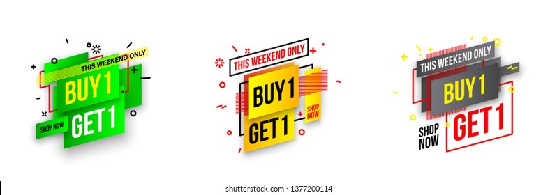 Abstract mega sale flat badges geometric shapes set. Final sale banner isolated on white background. Yellow, red, green and black colors special offer banner set. Shop now web app, poster illustration