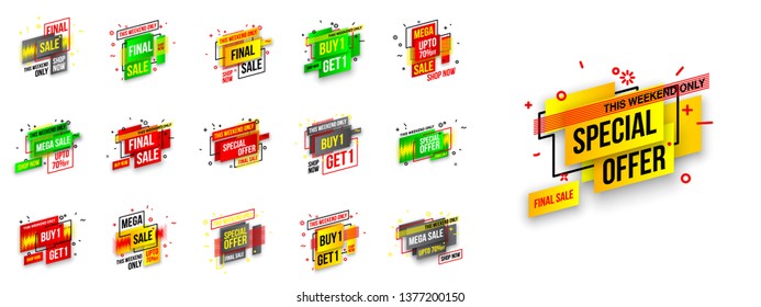 Abstract mega sale flat badges geometric shapes set. Final sale banner isolated on white background. Yellow, red, green and black colors special offer banner set. Shop now web app, poster illustration