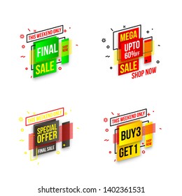 Abstract mega sale flat badges geometric shapes set. Final sale banner isolated on white background. Yellow, red, green and black colors special offer banner set. Shop now web app, poster illustration